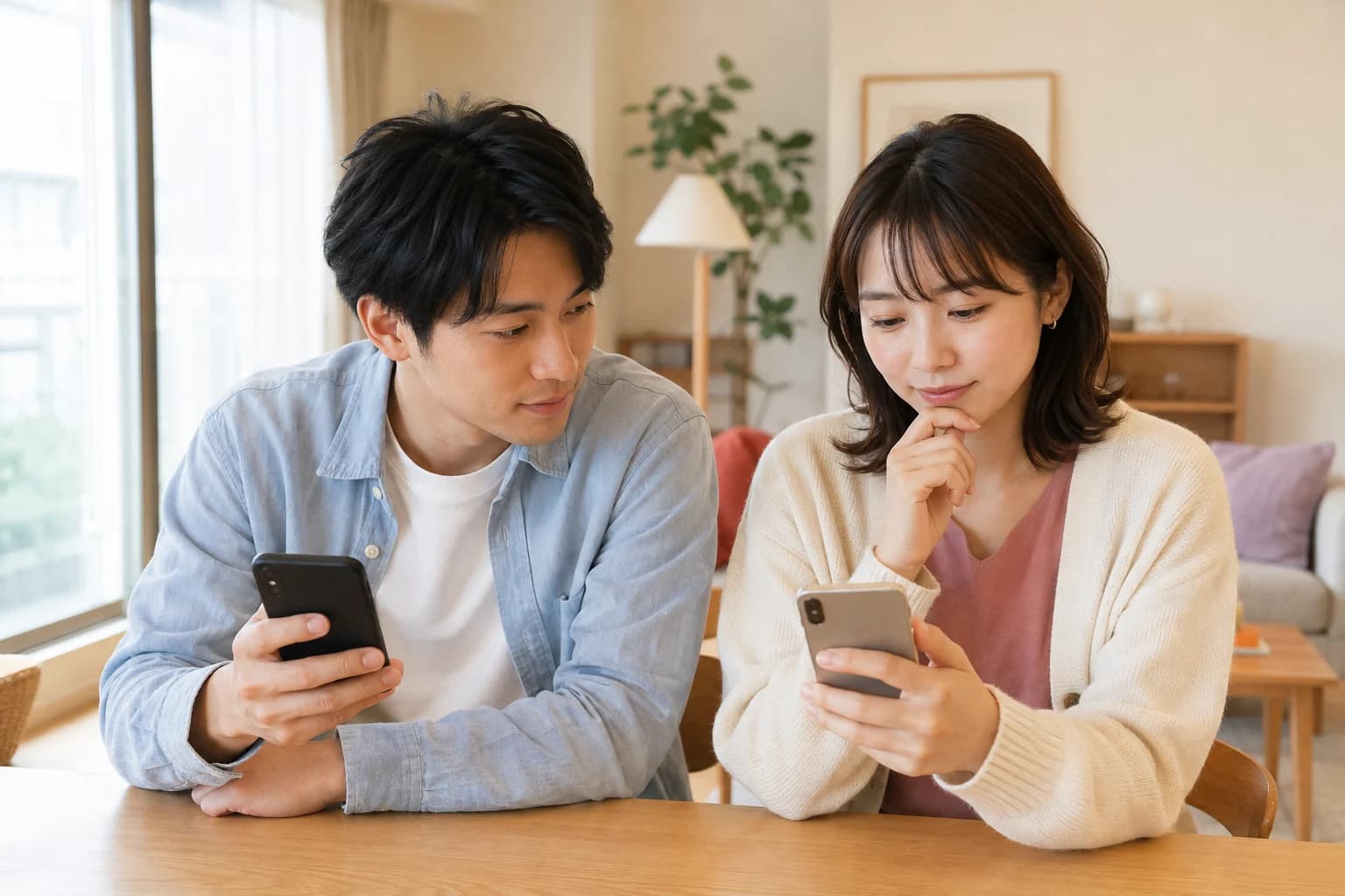 スマートフォンを見ながら、次のおでかけをどうするか考えるふたり。
