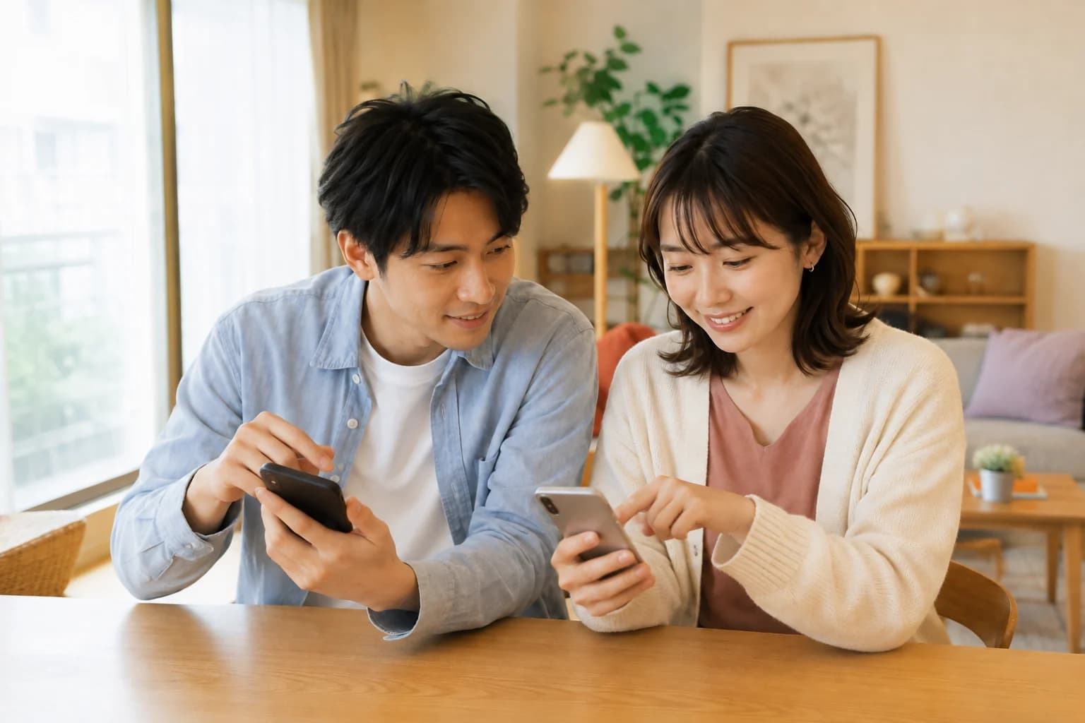 スマートフォンで気になるおでかけ候補を選ぶ、ふたりの利用シーン。