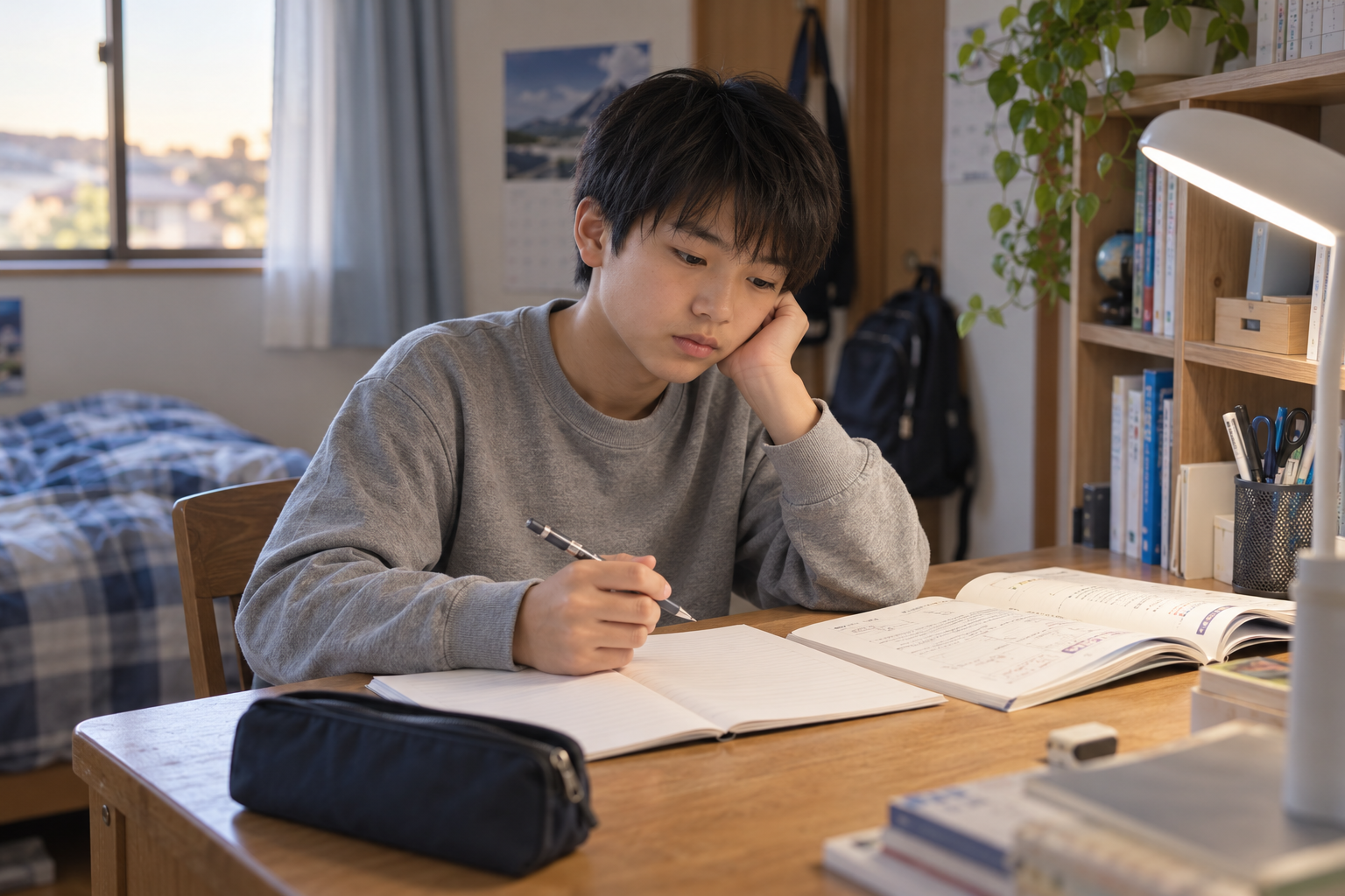勉強机でノートと問題集を開き、手を止めて考える中学生のイメージ。