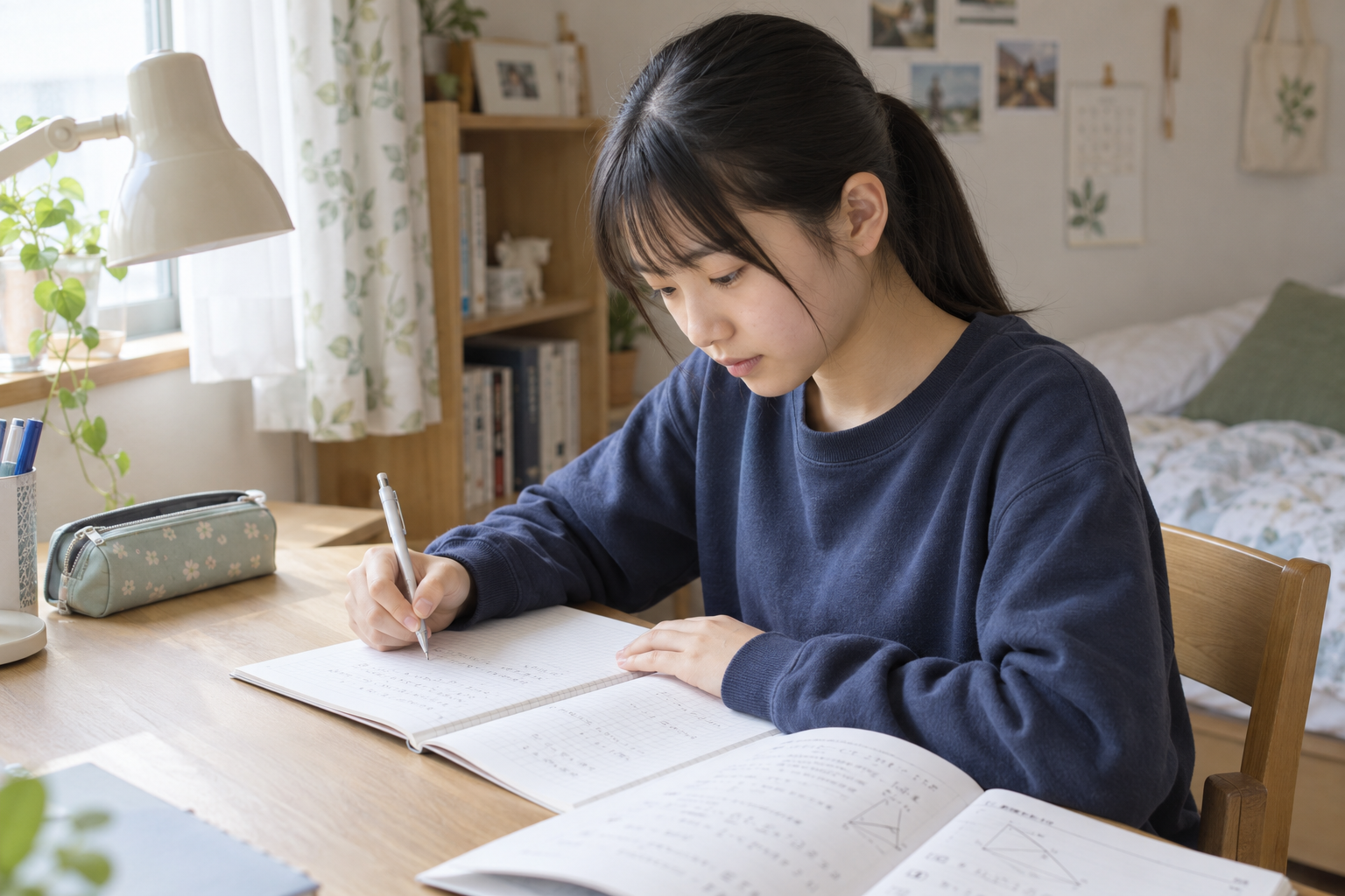 自宅の勉強机で数学の教材とノートに取り組む中学生のイメージ。