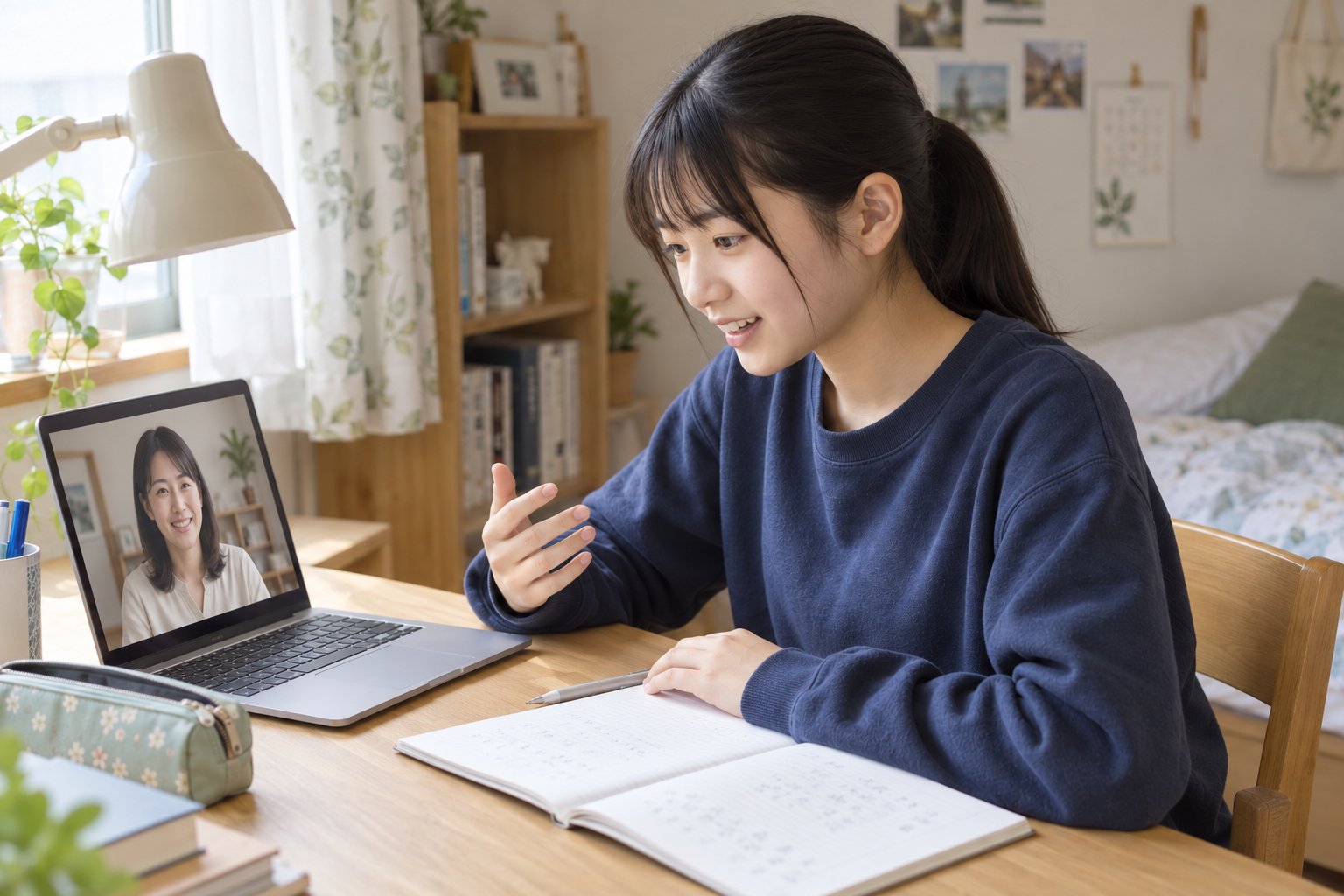 自宅からオンラインで、好きなことや目標について話す中学生。