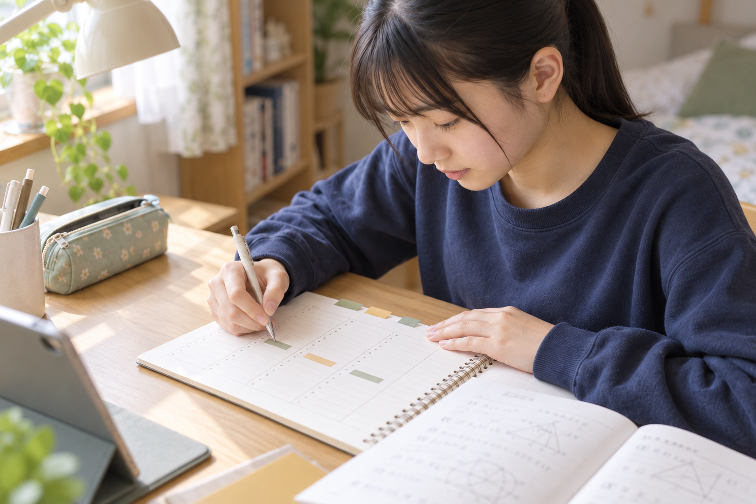 学校や部活の予定に合わせ、1週間の勉強の計画を立てる手元。