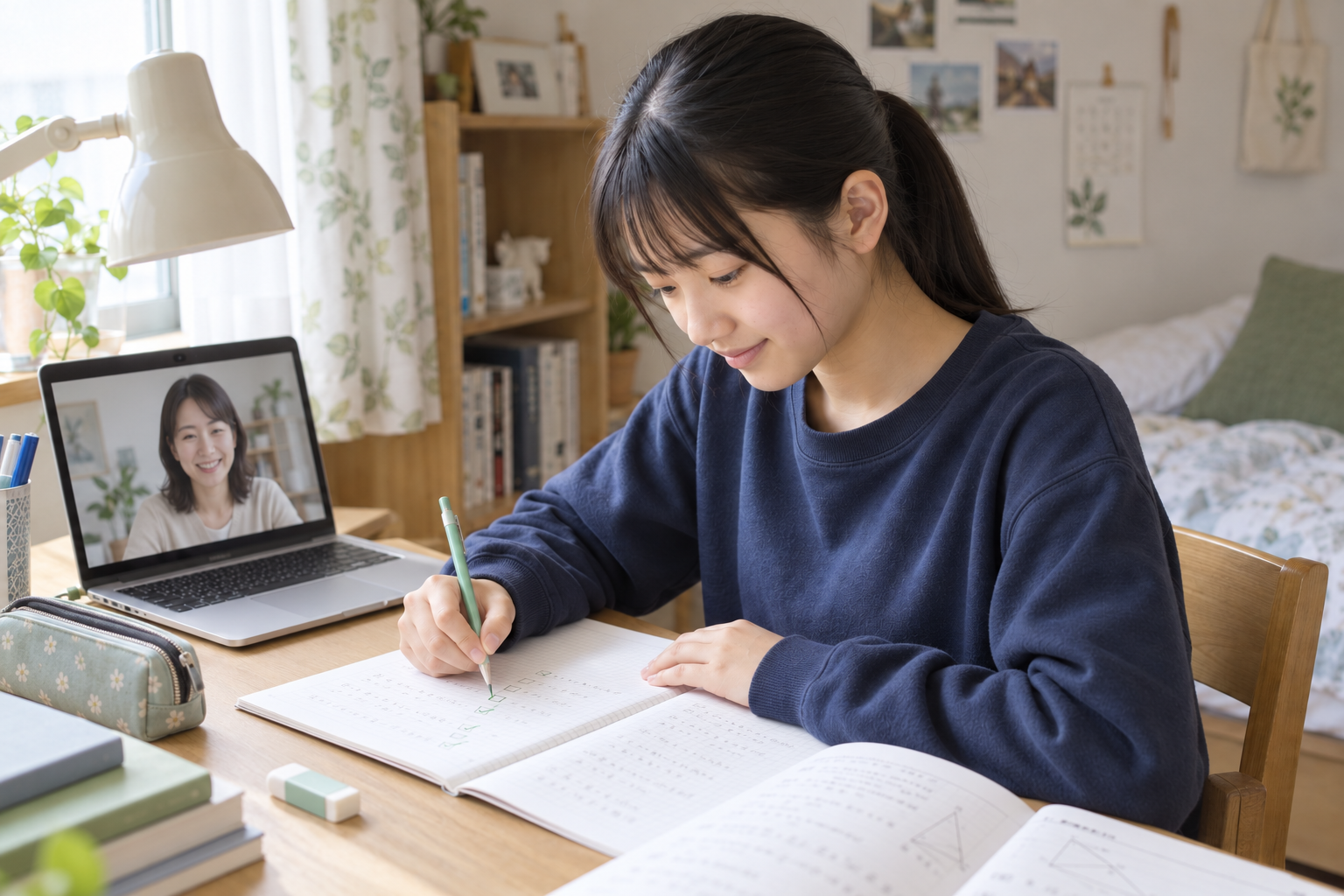 取り組めた勉強を確かめ、次の1週間を相談する中学生。